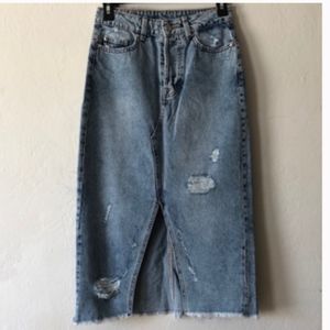h&m split front frayed denim midi skirt
